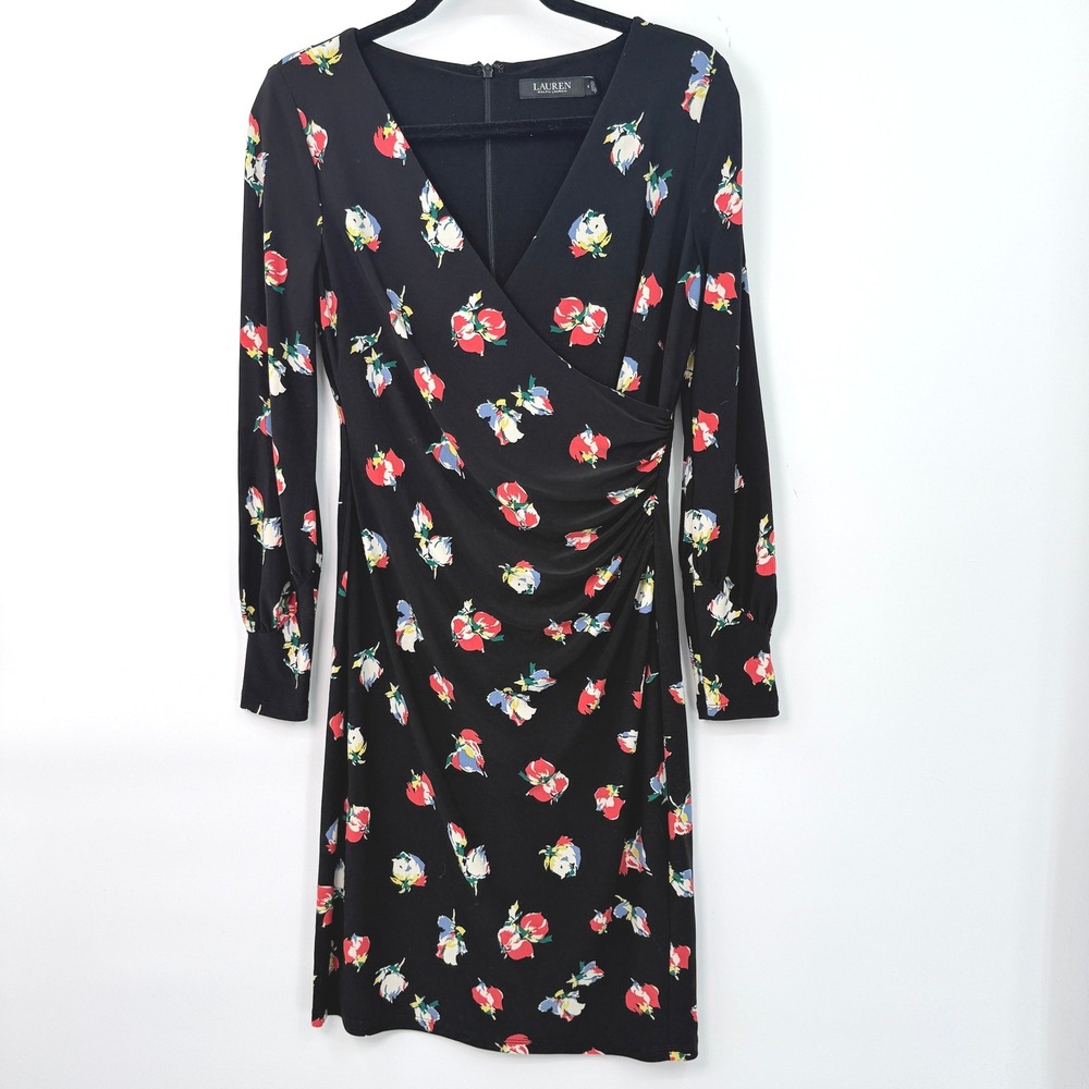 Lauren Ralph Lauren Floral‎ Surplice Dress Womens 4 Designer Elegant Minimalist